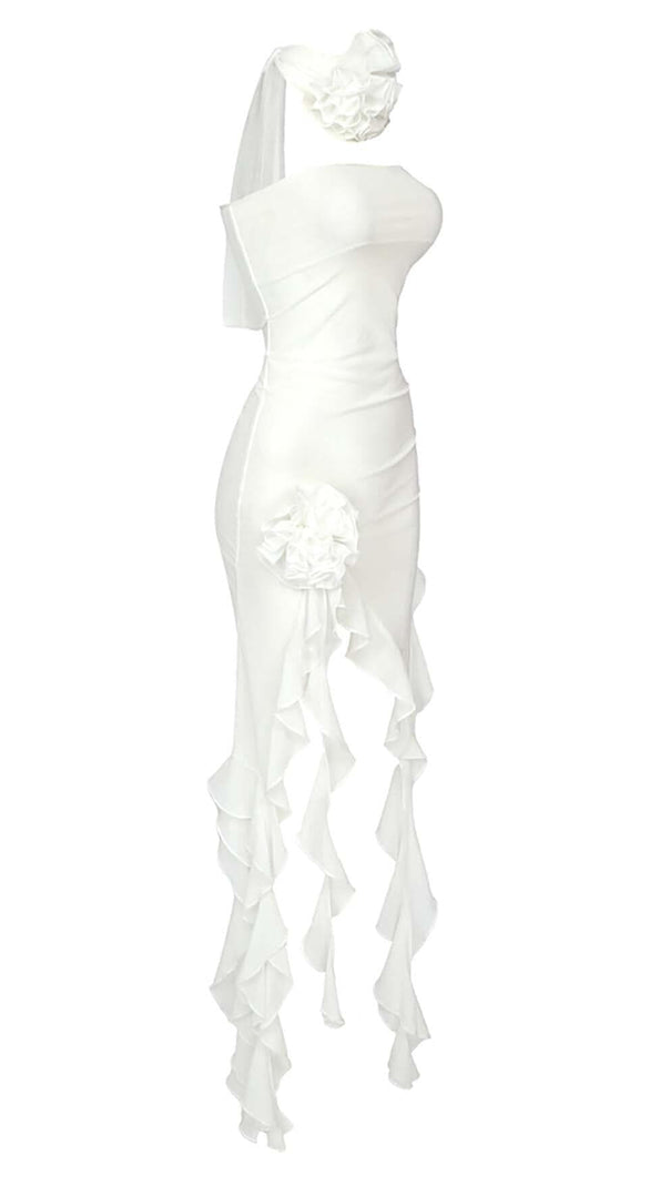 AIIZIE RUFFLE ROSETTE MESH MIDI DRESS IN WHITE - product image