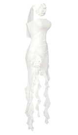 RUFFLE ROSETTE MESH MIDI DRESS IN WHITE