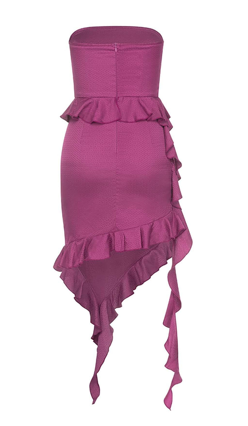 RUFFLED SATIN MINI DRESS IN GRAPE