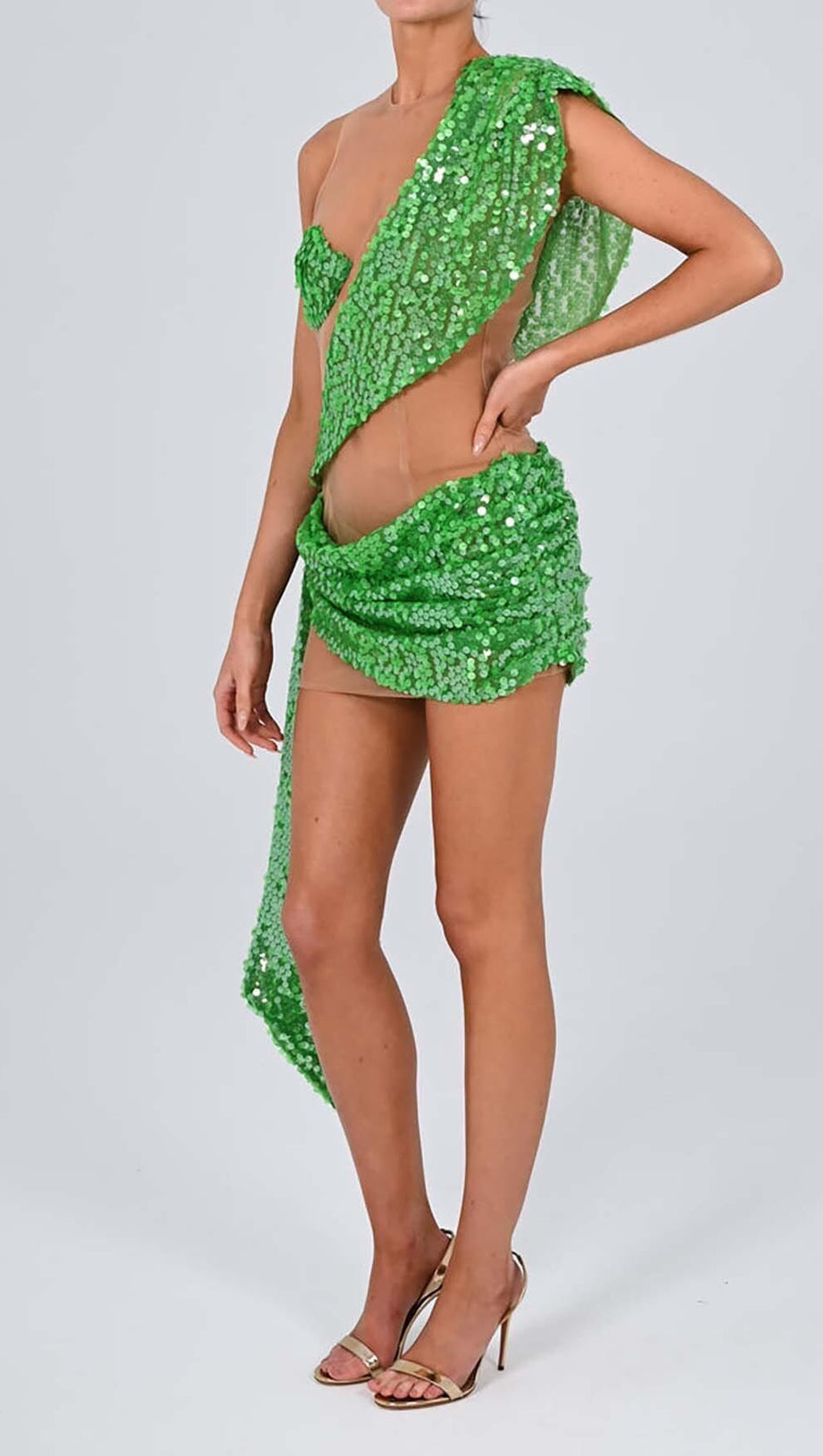 SEQUIN DRAPE MESH MINI DRESS IN EMERALD