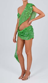 SEQUIN DRAPE MESH MINI DRESS IN EMERALD