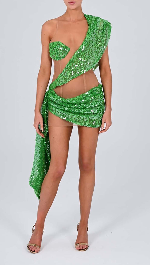 AIIZIE SEQUIN DRAPE MESH MINI DRESS IN EMERALD - product image