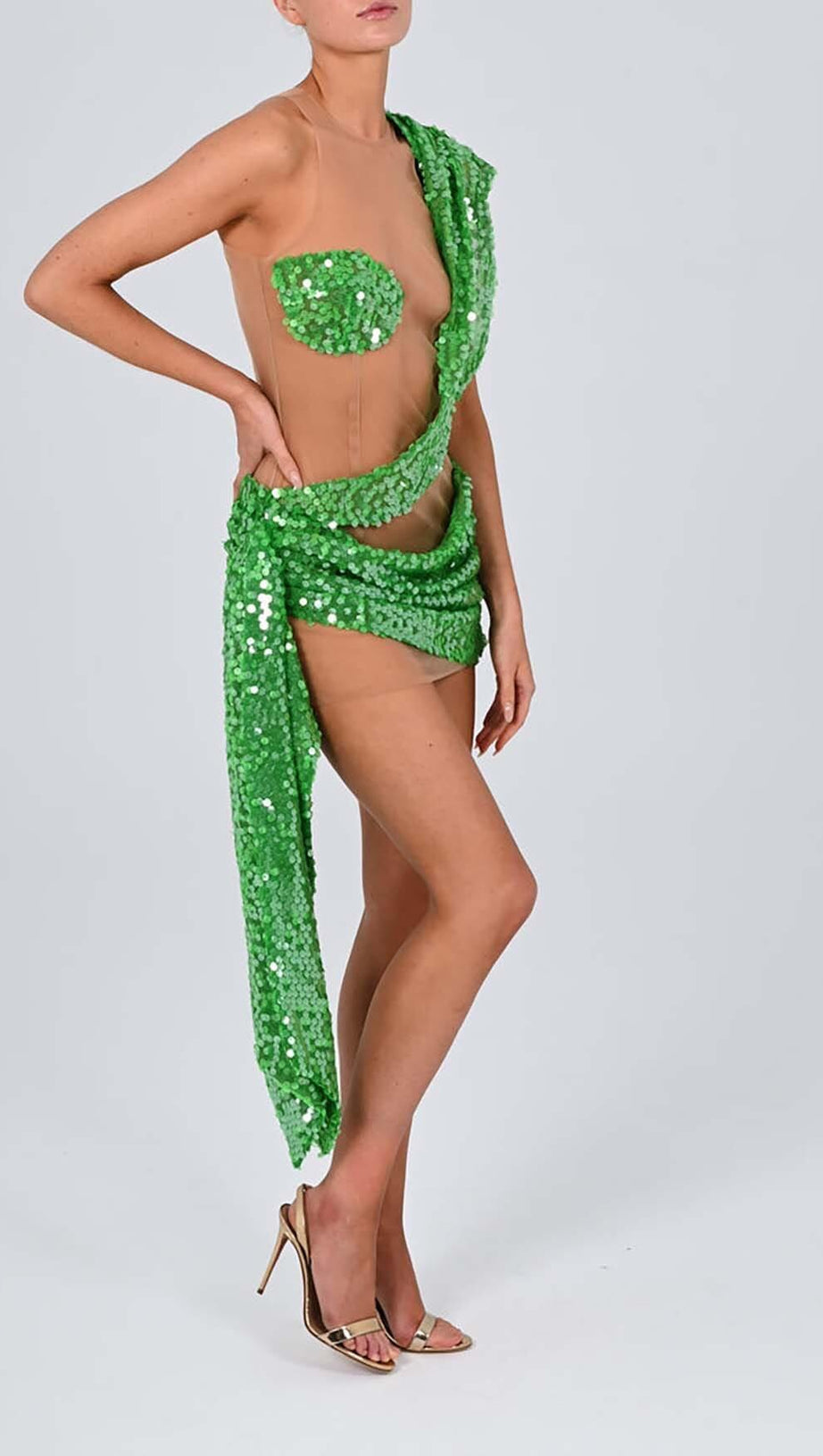 SEQUIN DRAPE MESH MINI DRESS IN EMERALD