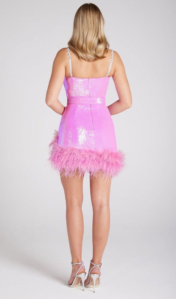 SEQUIN FEATHER BELT MINI DRESSS IN PINK