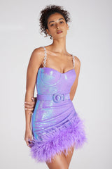 SEQUIN FEATHER BELT MINI DRESSS IN PURPLE