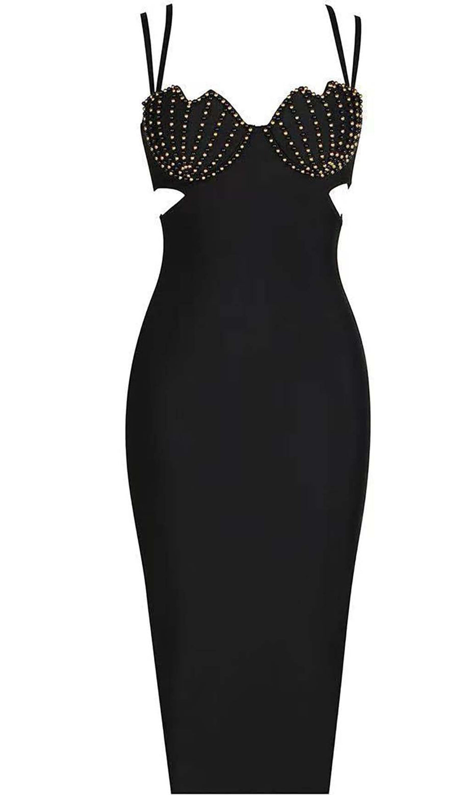 SHELL STRAP BEADING MIDI DRESS IN BLACK