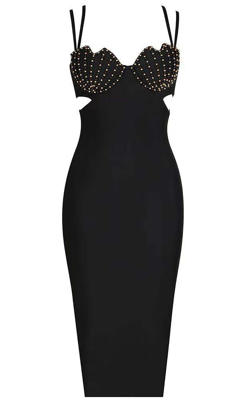 SHELL STRAP BEADING MIDI DRESS IN BLACK