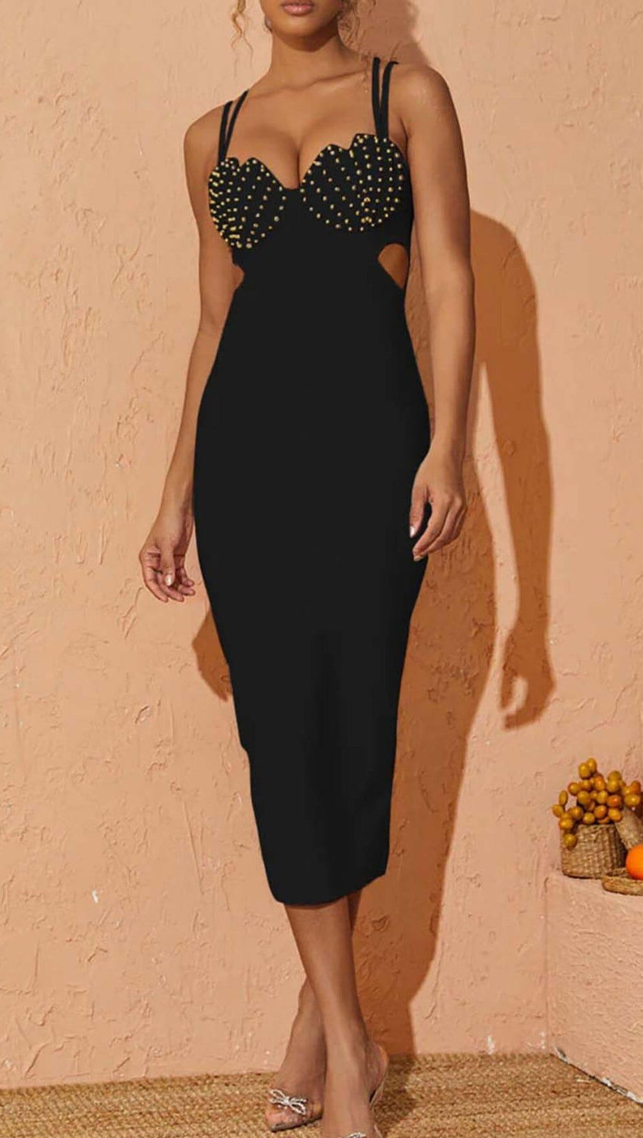 SHELL STRAP BEADING MIDI DRESS IN BLACK