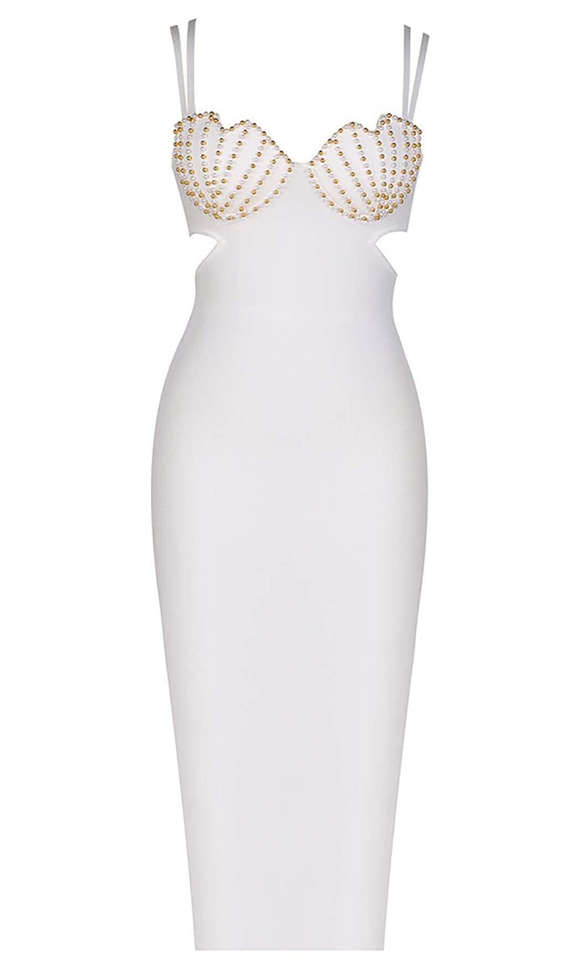 SHELL STRAP BEADING MIDI DRESS IN WHITE