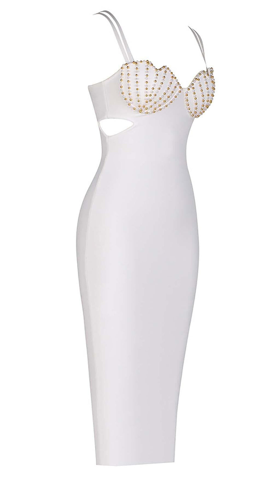 MIDIKLEID MIT MUSCHELTRÄGERN UND PERLEN IN WEISS