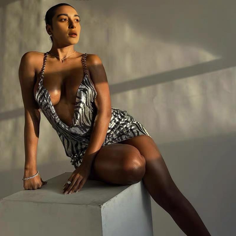 KURZES ZEBRA-ACRYLKLEID IN SILBER