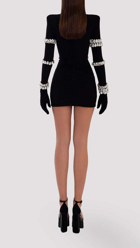SILVER STONES LONG SLEEVE MINI DRESS IN BLACK