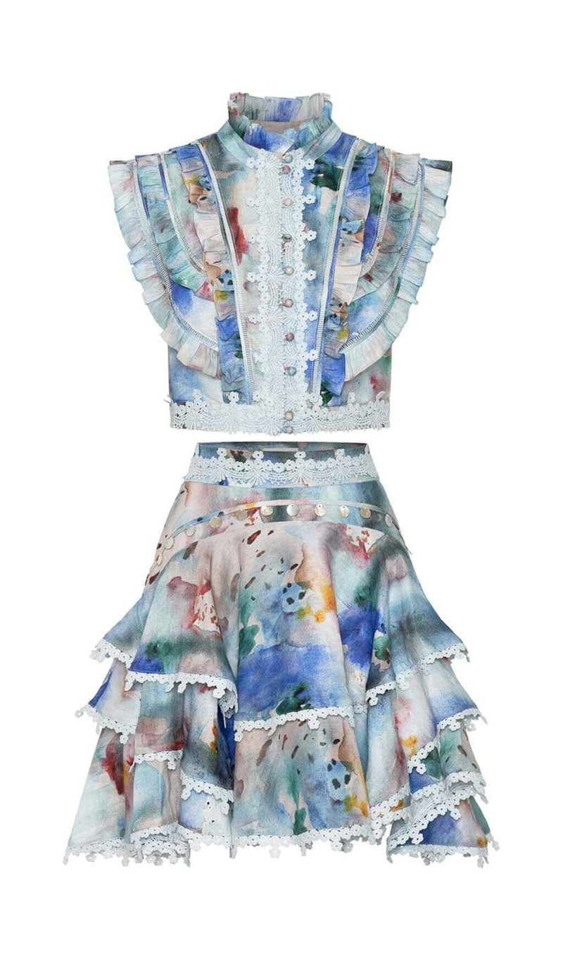 SLEEVELESS PRINT PATTER TWO PIECE SET IN BLUE