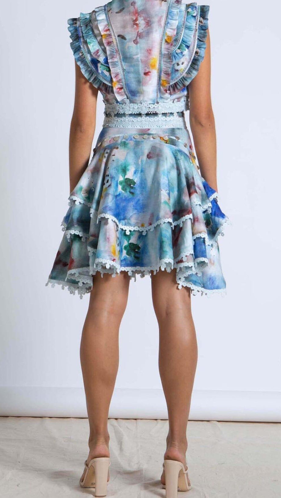 SLEEVELESS PRINT PATTER TWO PIECE SET IN BLUE