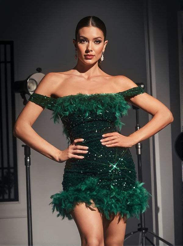 Amaris Off Shoulder Sequin Feather Mini Dress In Green