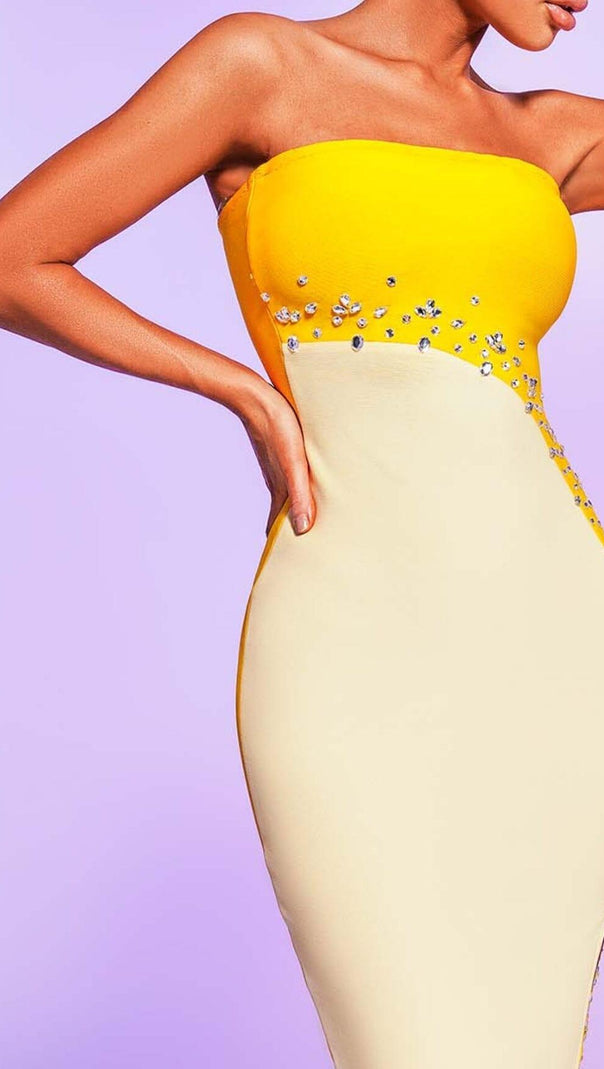 AIIZIE STRAPLESS BANDAGE MIDI DRESS IN YELLOW - product image