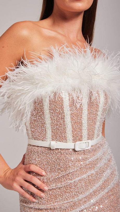 STRAPLESS SEQUIN FEATHER MINI DRESS