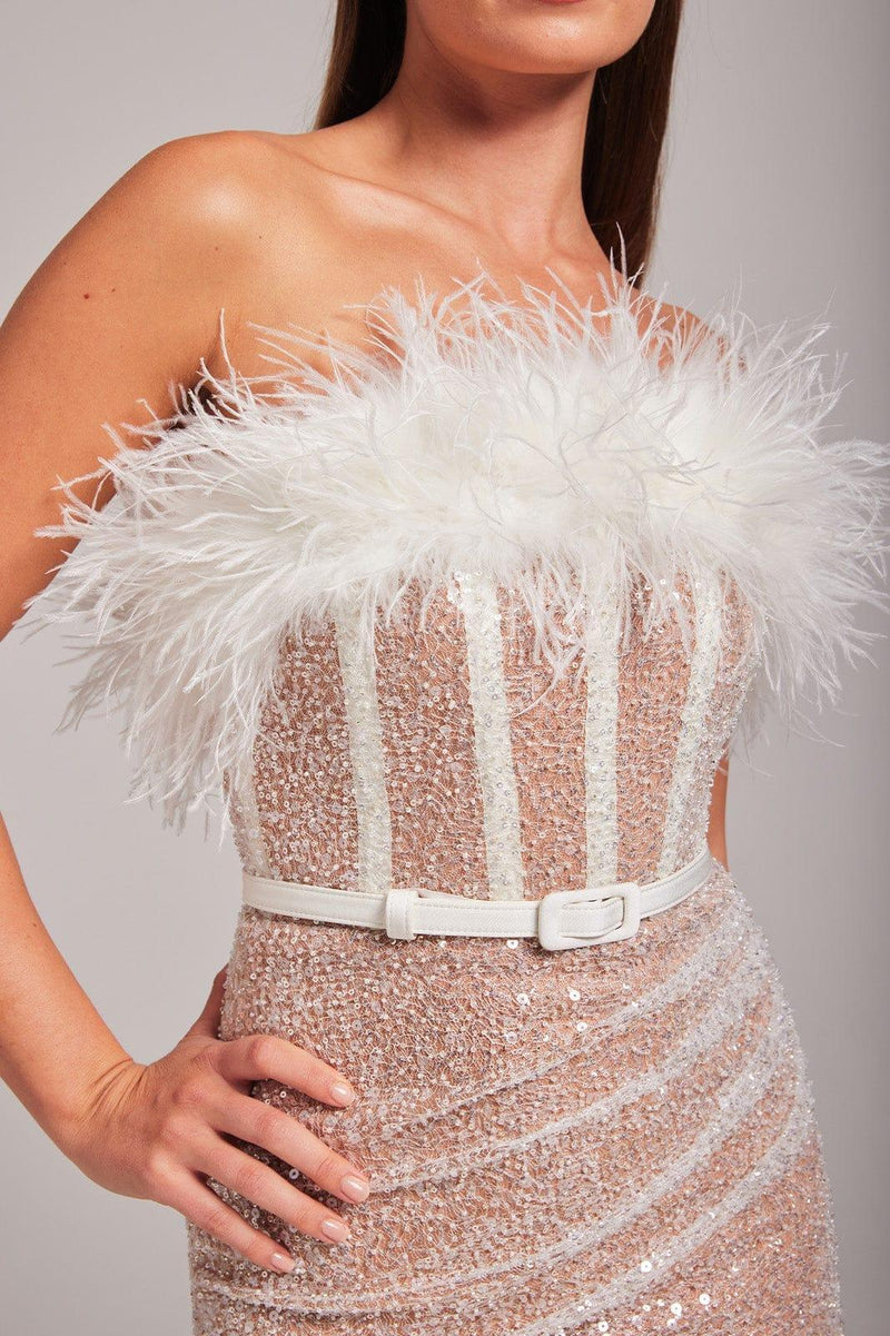 STRAPLESS SEQUIN FEATHER MINI DRESS