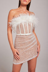 STRAPLESS SEQUIN FEATHER MINI DRESS