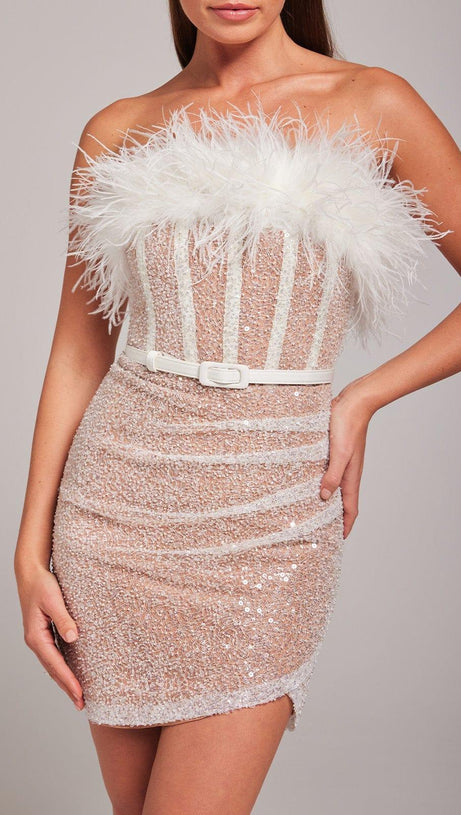 STRAPLESS SEQUIN FEATHER MINI DRESS