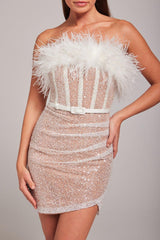 STRAPLESS SEQUIN FEATHER MINI DRESS