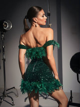 Amaris Off Shoulder Sequin Feather Mini Dress In Green