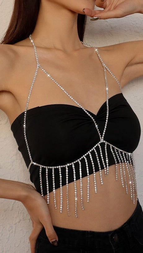 Brustkette mit Quaste und Diamanten in Silber