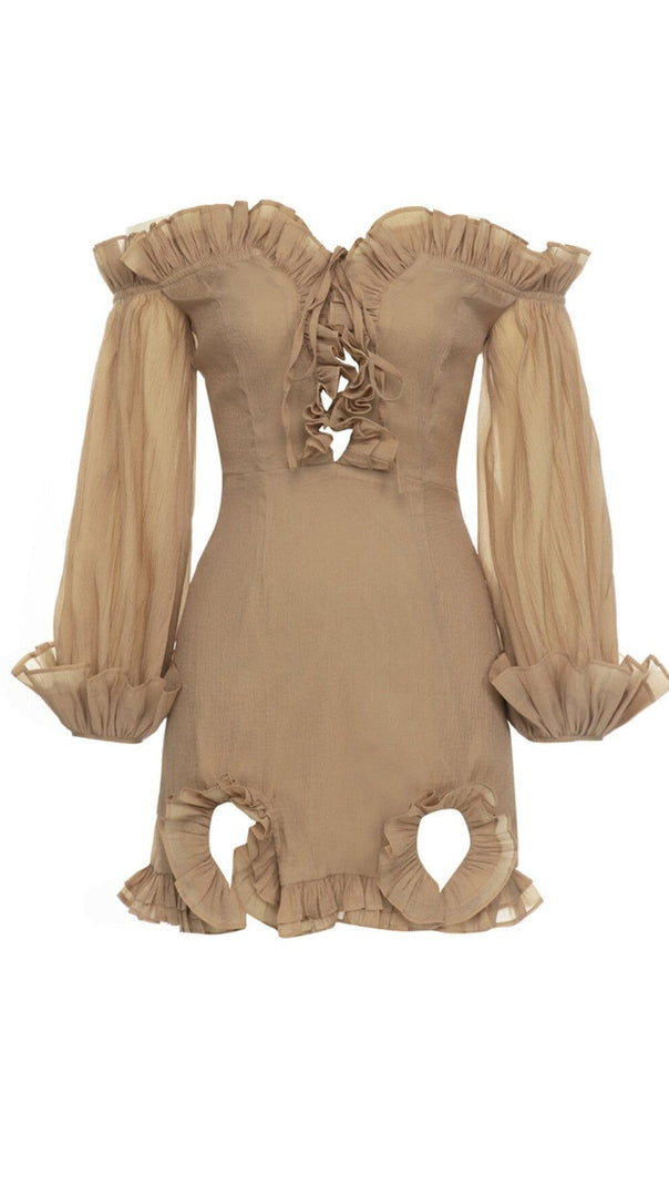 AIIZIE TEXTURED RUCHED FRILL MINI DRESS IN BROWN - product image