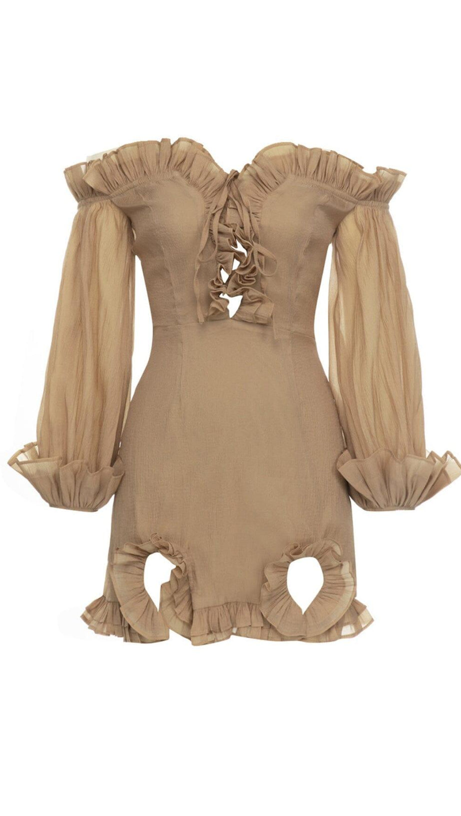 Strukturiertes, gerafftes Minikleid mit Rüschen in Braun