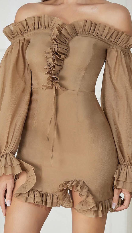 TEXTURED RUCHED FRILL MINI DRESS IN BROWN