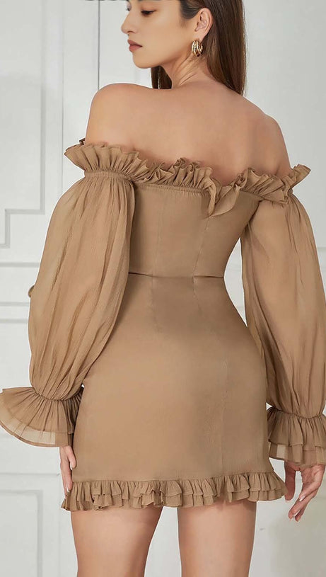 TEXTURED RUCHED FRILL MINI DRESS IN BROWN