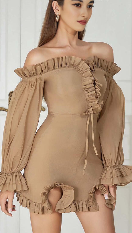 TEXTURED RUCHED FRILL MINI DRESS IN BROWN