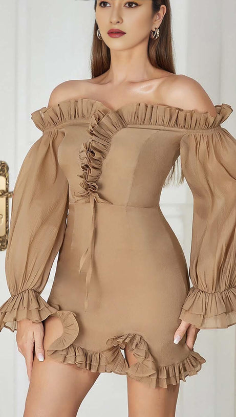 TEXTURED RUCHED FRILL MINI DRESS IN BROWN