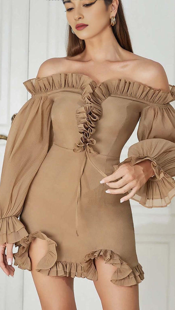 AIIZIE TEXTURED RUCHED FRILL MINI DRESS IN BROWN - product image