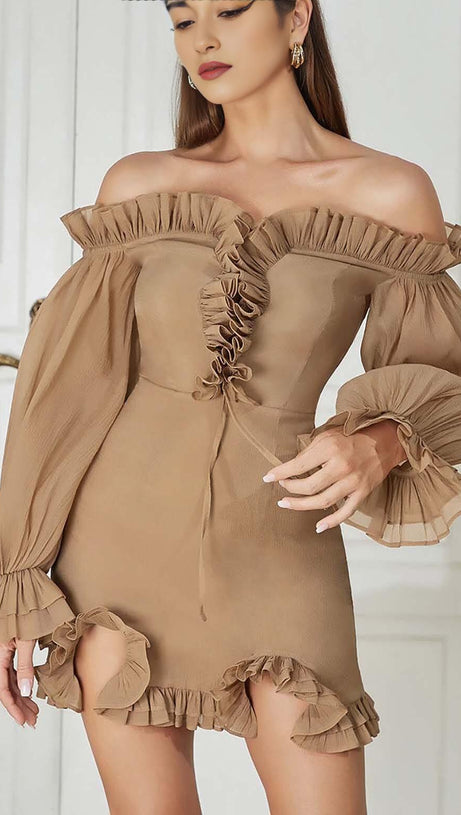 TEXTURED RUCHED FRILL MINI DRESS IN BROWN