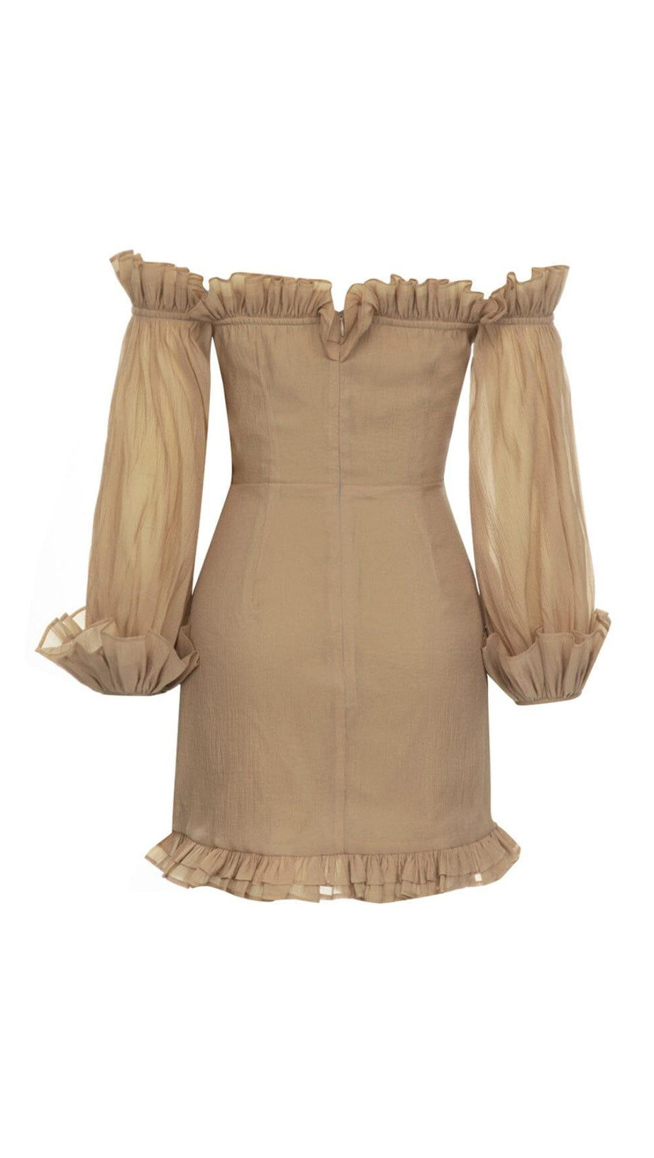 TEXTURED RUCHED FRILL MINI DRESS IN BROWN