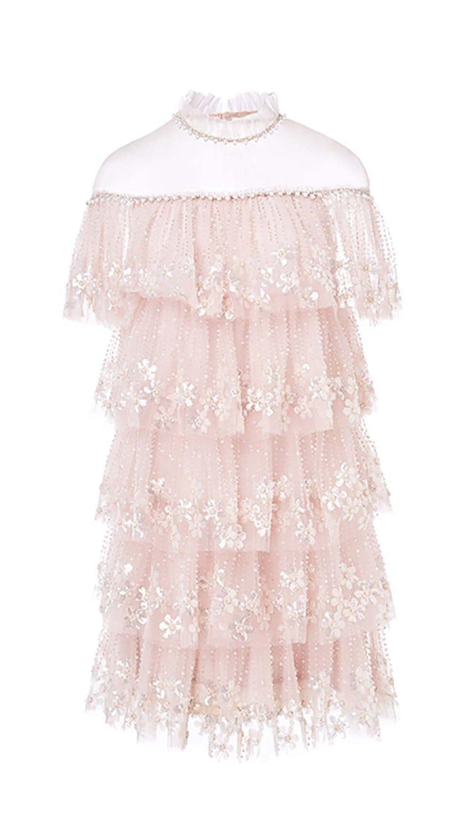TIERED LACE TRIM MIDI DRESS IN PINK