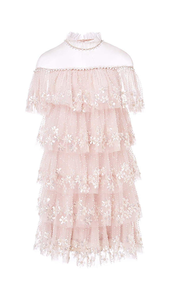 TIERED LACE TRIM MIDI DRESS IN PINK