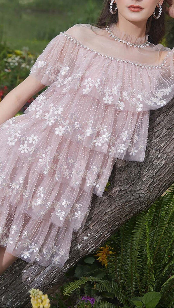 AIIZIE TIERED LACE TRIM MIDI DRESS IN PINK - product image