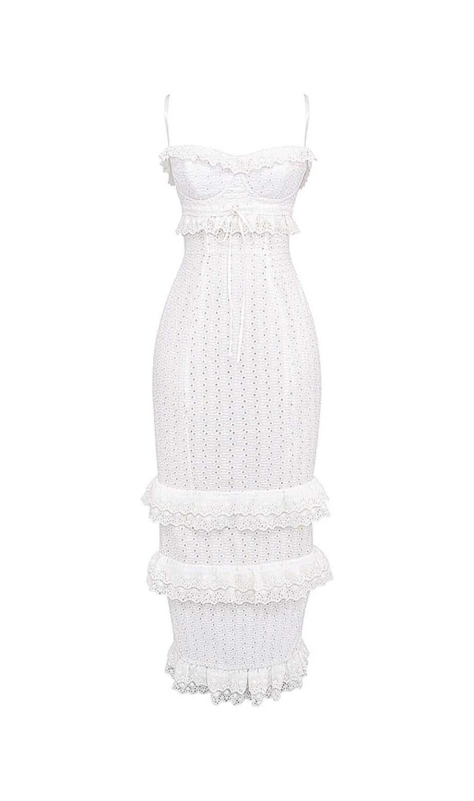 WEISSES MAXIKLEID MIT LOCHSTICKEREI
