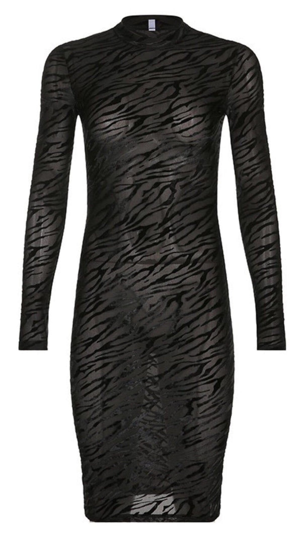 AIIZIE ZEBRA-PATTERN LONG-SLEEVED MIDI DRESS IN BLACK - product image