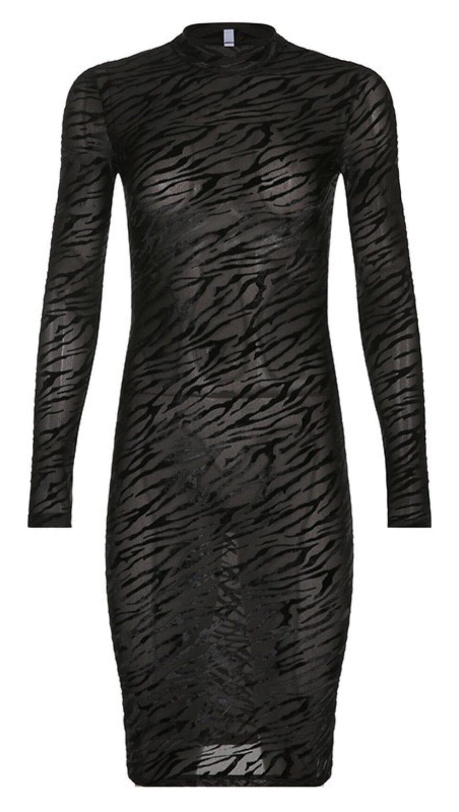 ZEBRA-PATTERN LONG-SLEEVED MIDI DRESS IN BLACK