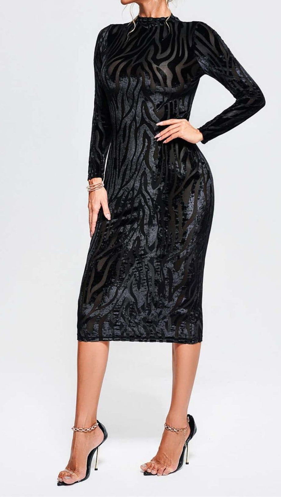 ZEBRA-PATTERN LONG-SLEEVED MIDI DRESS IN BLACK