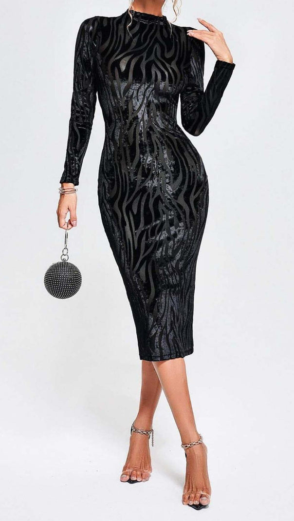 AIIZIE ZEBRA-PATTERN LONG-SLEEVED MIDI DRESS IN BLACK - product image