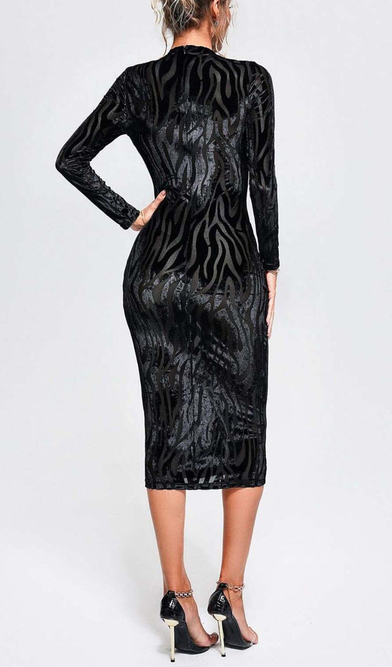 ZEBRA-PATTERN LONG-SLEEVED MIDI DRESS IN BLACK