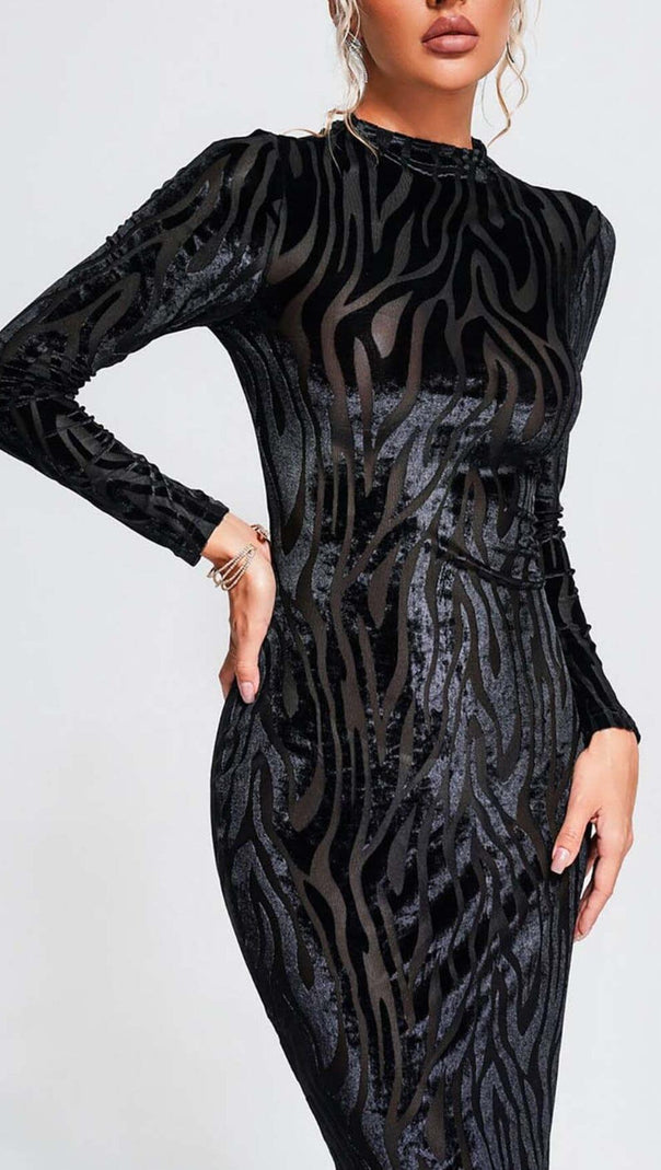 AIIZIE ZEBRA-PATTERN LONG-SLEEVED MIDI DRESS IN BLACK - product image