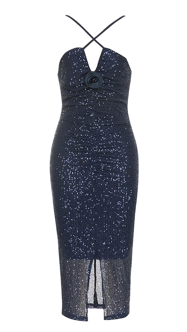 AIIZIE 3D FLORAL HALTER SEQUIN MIDI DRESSIN NAVY BLUE - product image