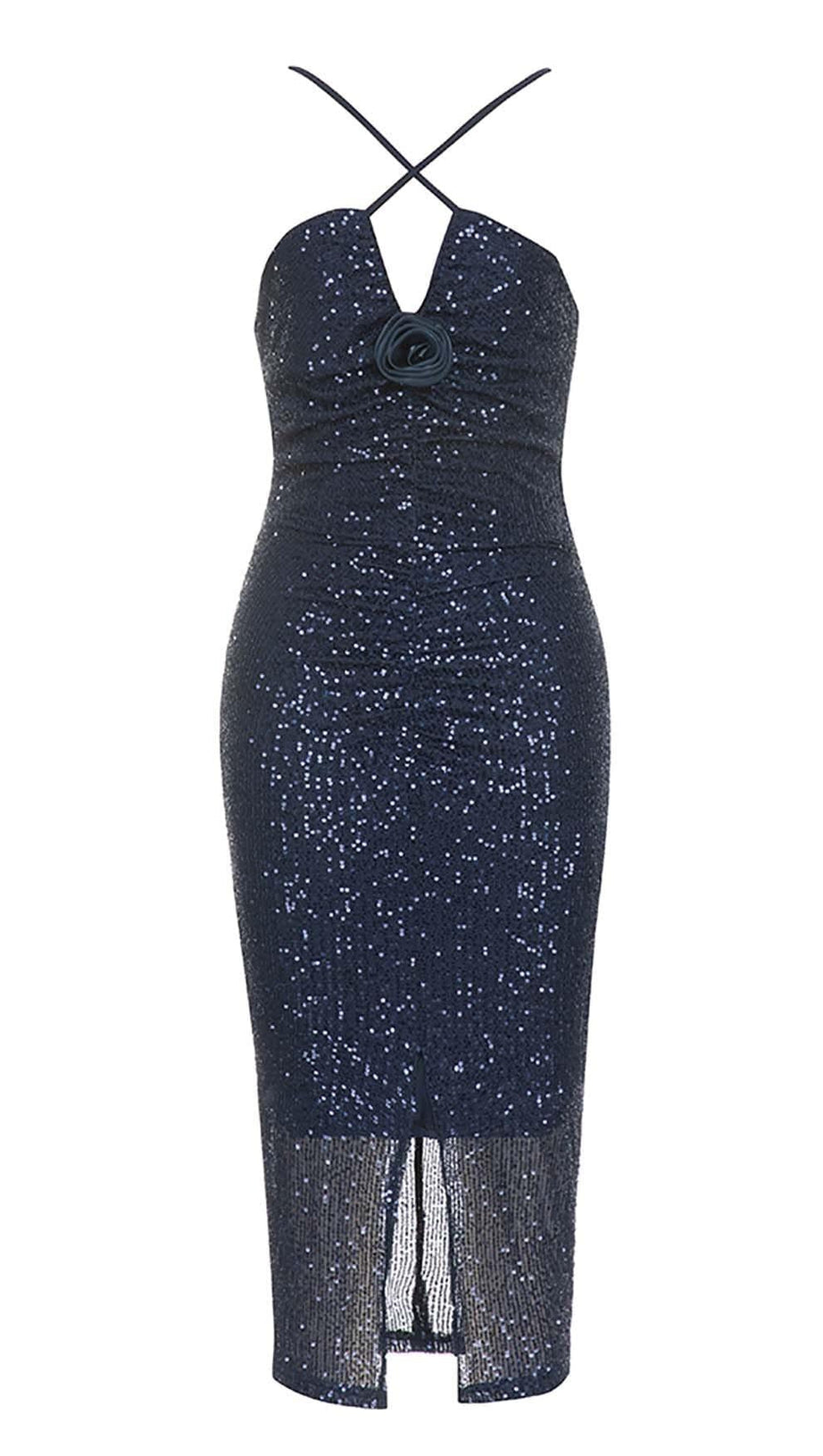 3D FLORAL HALTER SEQUIN MIDI DRESSIN NAVY BLUE