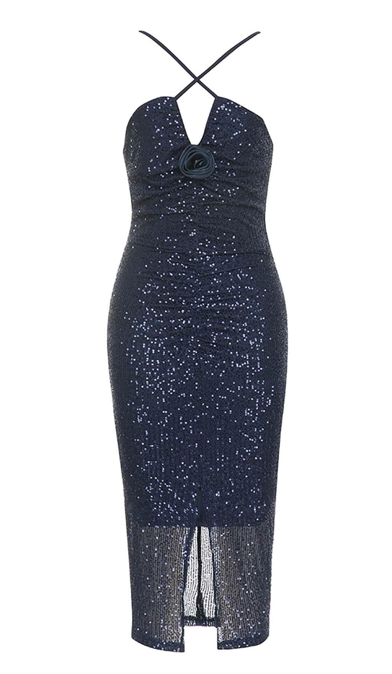 3D FLORAL HALTER SEQUIN MIDI DRESSIN NAVY BLUE