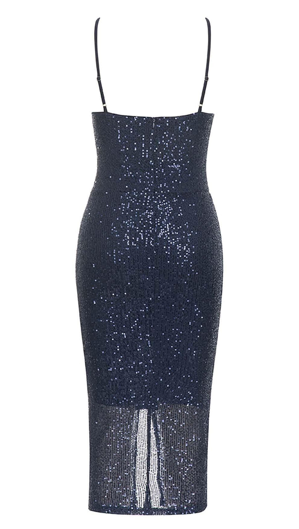 AIIZIE 3D FLORAL HALTER SEQUIN MIDI DRESSIN NAVY BLUE - product image